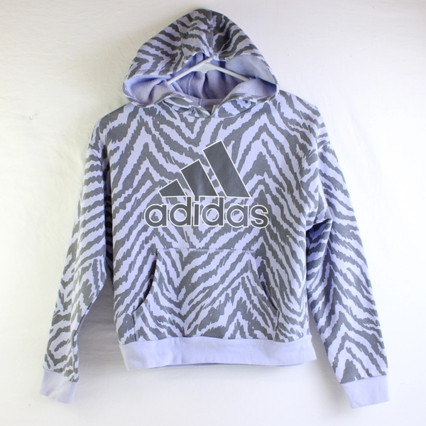 Adidas Juniors M (10-12) Lilac Zebra Print Logo Pullover Hoodie Sweatshirt