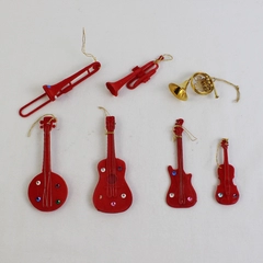 Lot of 7 Vintage Red Musical Instrument Ornaments Guitar Trumpet Banjo