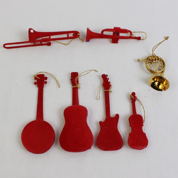 Lot of 7 Vintage Red Musical Instrument Ornaments Guitar Trumpet Banjo