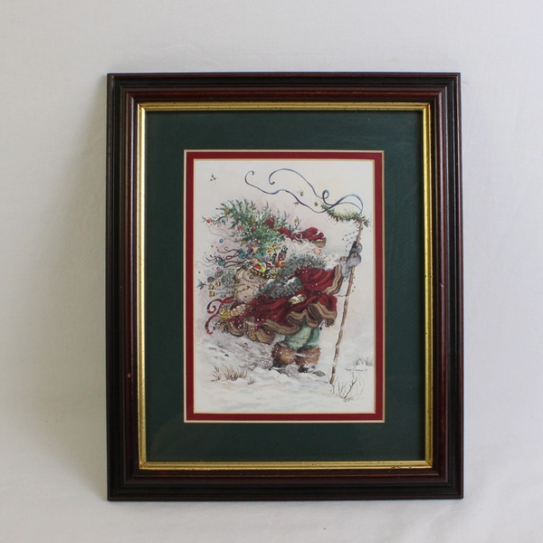 Peggy Abrams Signed Santa Print "Windswept Traveler" Matted & Framed w/Glass
