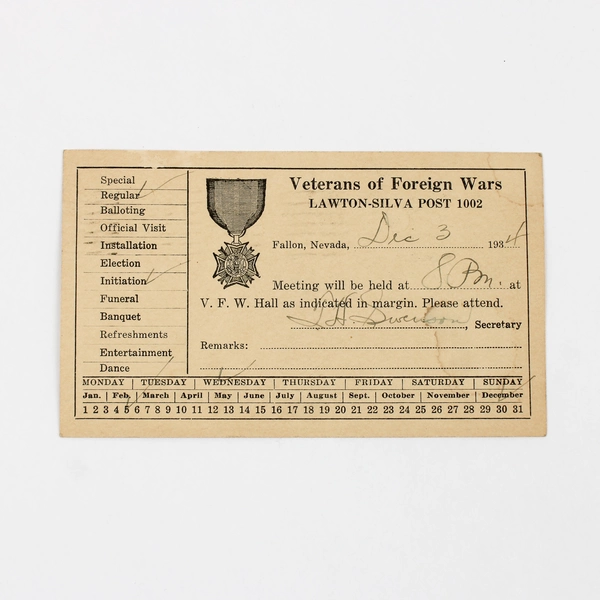 Fallon Nevada VFW Veterans Meeting Lawton Silva Post 1934 Postal Card 