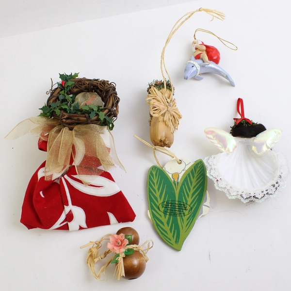 Lots of 6 Assorted Hawaiian Tree Ornaments Shell Angel Santa Flowers