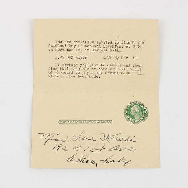 Cardinal Key Breakfast Invite Chico State College California Double Postal Card