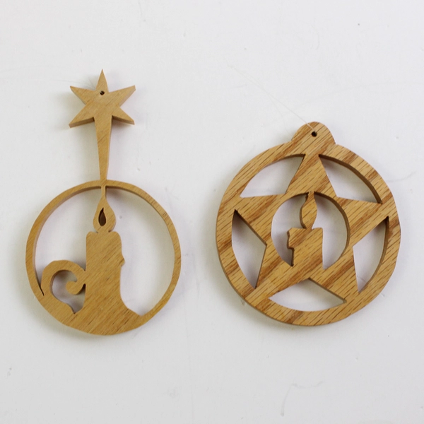 Lot of 2 Lightweight Wooden Hollow Christmas Hanging Ornaments, Candle & Star