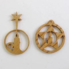 Lot of 2 Lightweight Wooden Hollow Christmas Hanging Ornaments, Candle & Star