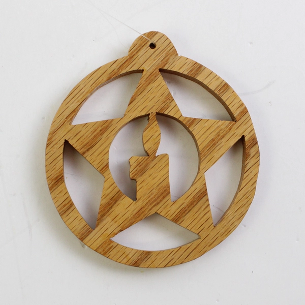 Lot of 2 Lightweight Wooden Hollow Christmas Hanging Ornaments, Candle & Star