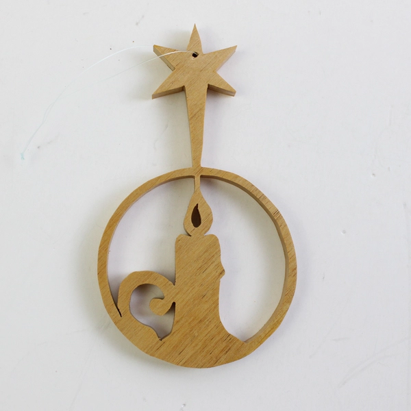 Lot of 2 Lightweight Wooden Hollow Christmas Hanging Ornaments, Candle & Star