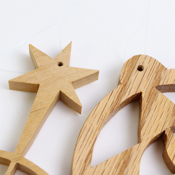 Lot of 2 Lightweight Wooden Hollow Christmas Hanging Ornaments, Candle & Star