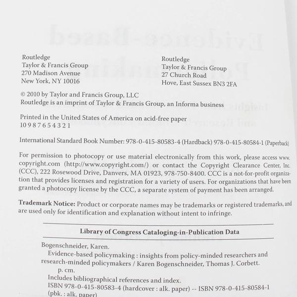 Evidence-Based Policymaking by Karen Bogenschneider Thomas J Corbett 2010 PB