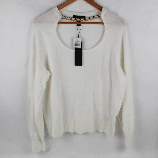 NWT H Halston Women's L Ivory Long Sleeve Sweater with Gold Chain Neck Detail