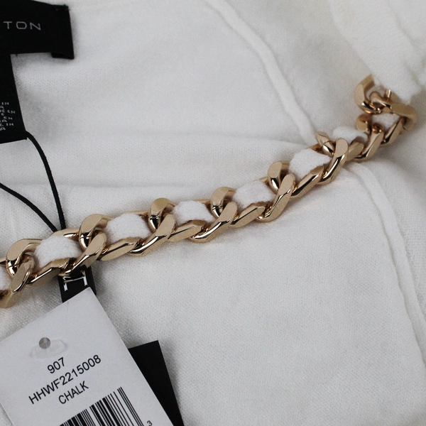 NWT H Halston Women's L Ivory Long Sleeve Sweater with Gold Chain Neck Detail