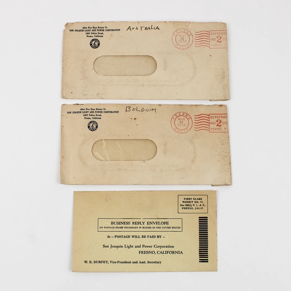 Lot Of 3 San Joaquin Light & Power Company 1930s Envelopes California 