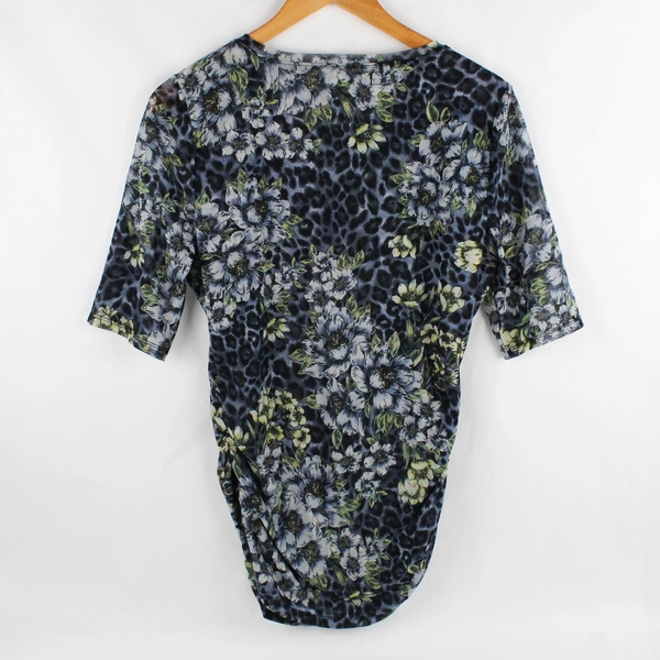 White House Black Market Women's M Blue Floral Mesh Short Sleeve Shirt