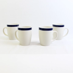 Lot Of 4 Thomson Pottery White W/ Blue Band Hand Painted Coffee Mugs 4.25" Tall