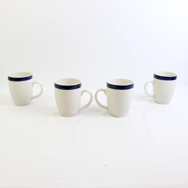 Lot Of 4 Thomson Pottery White W/ Blue Band Hand Painted Coffee Mugs 4.25" Tall