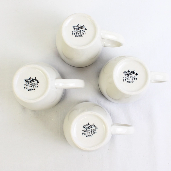 Lot Of 4 Thomson Pottery White W/ Blue Band Hand Painted Coffee Mugs 4.25" Tall