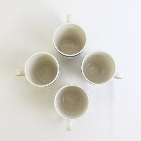 Lot Of 4 Thomson Pottery White W/ Blue Band Hand Painted Coffee Mugs 4.25" Tall