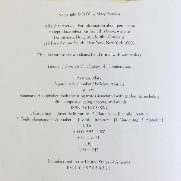 A Gardener's Alphabet by Mary Azarian Signed Copy 2000 Hardcover Dust Jacket