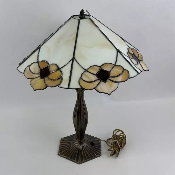 Vintage Lamp Bronze Tiffany Style Table Lamp Floral Stained Glass  Shade