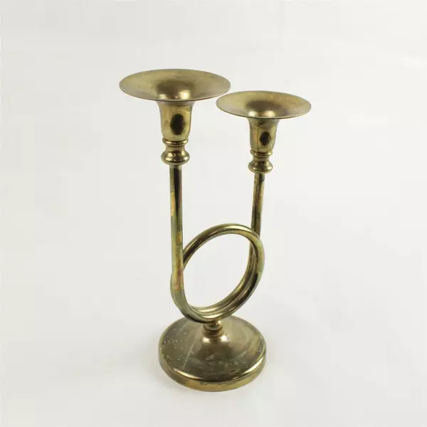 Vintage Brass Double French Horn Candelabra Candlestick Holder