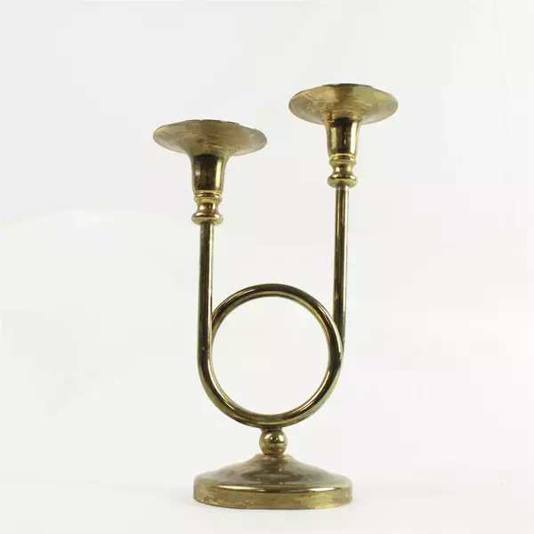 Vintage Brass Double French Horn Candelabra Candlestick Holder