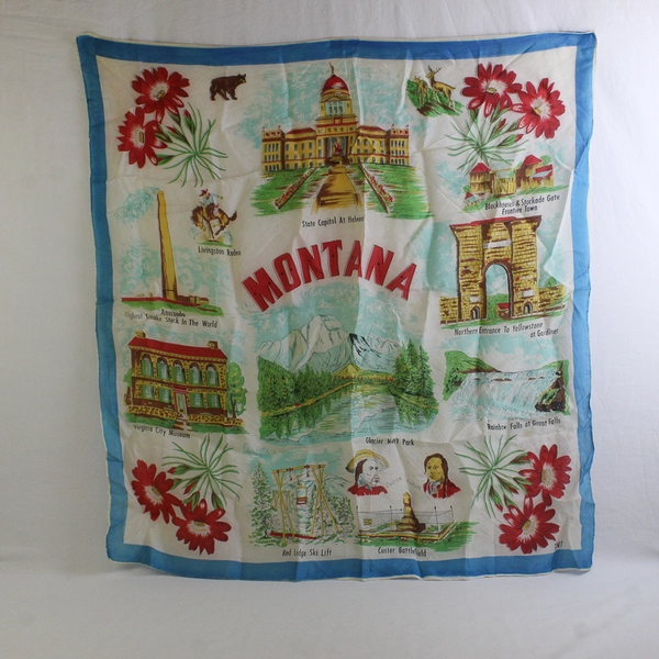 Vintage Montana Square Silk Scarf Souvenir 29" x 29" FLAWED