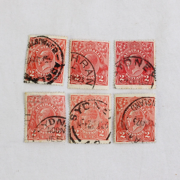 Lot Of 6 Australia 2p King George V Red Stamps Used Postmarks