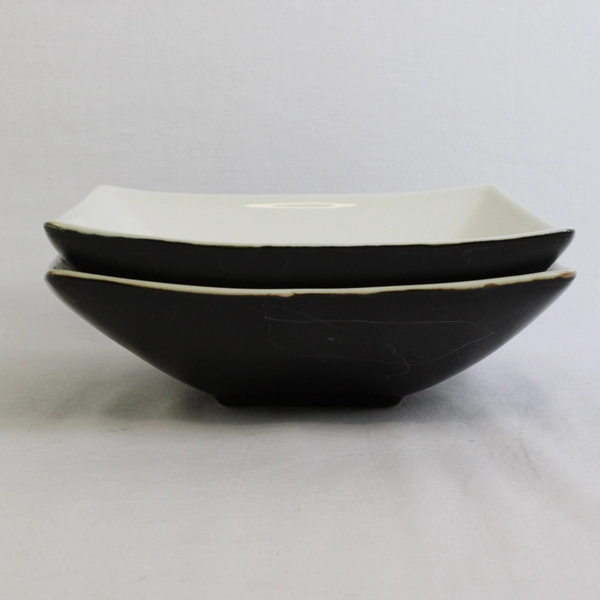 Lot Of 2 Unbranded Matching Square Ceramic Bowls White Interior Black Exterior