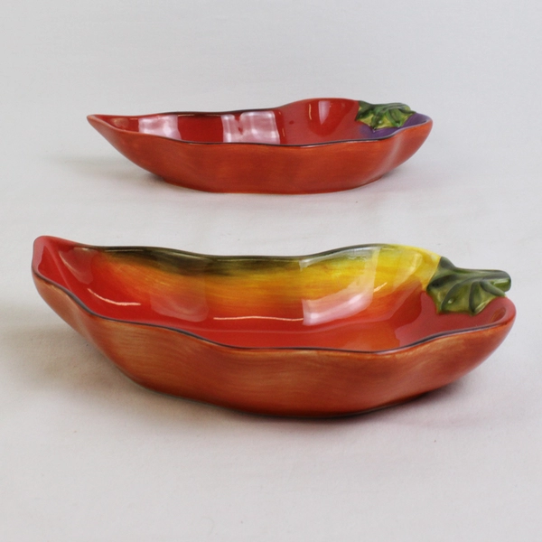 Lot Of 2 Clay Art Hand Painted Chili Pepper Dip Ceramic Serving Bowl