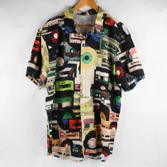 Composition Cassette Tape Pattern Short Sleeve Button Up Shirt Men's Size XXL