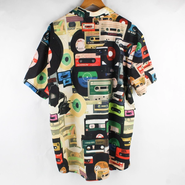 Composition Cassette Tape Pattern Short Sleeve Button Up Shirt Men's Size XXL