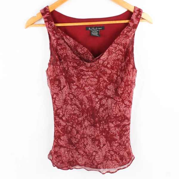 ECI New York Red Abstract Pattern Sleeveless Top 90s Style Beaded Women's PM