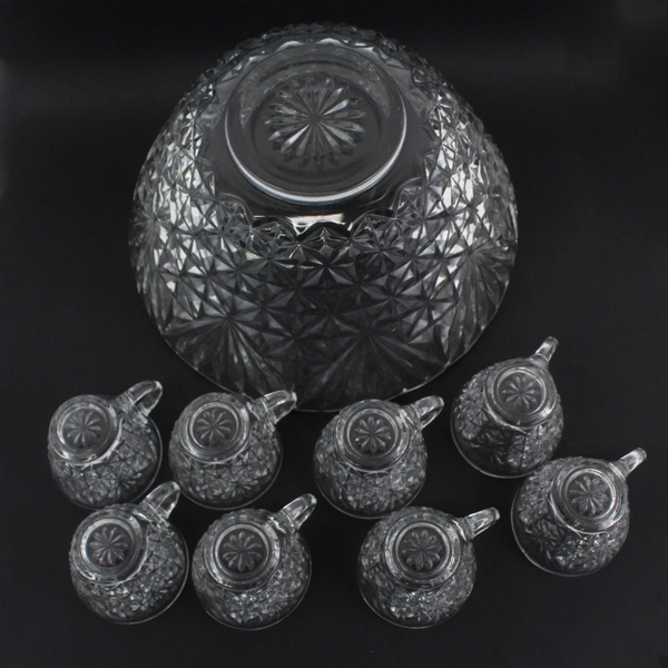 Vintage Anchor Hocking Arlington Pattern Punch Bowl Set w/ 8 Cups 