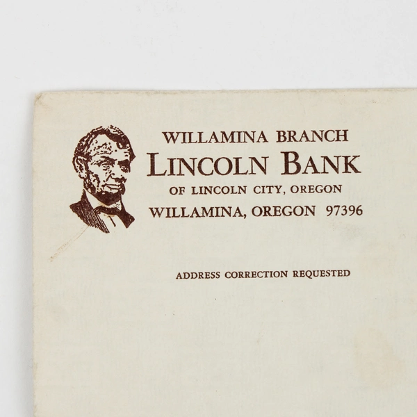 Lincoln Bank Branch Willamina Oregon Window Envelope Yamhill County