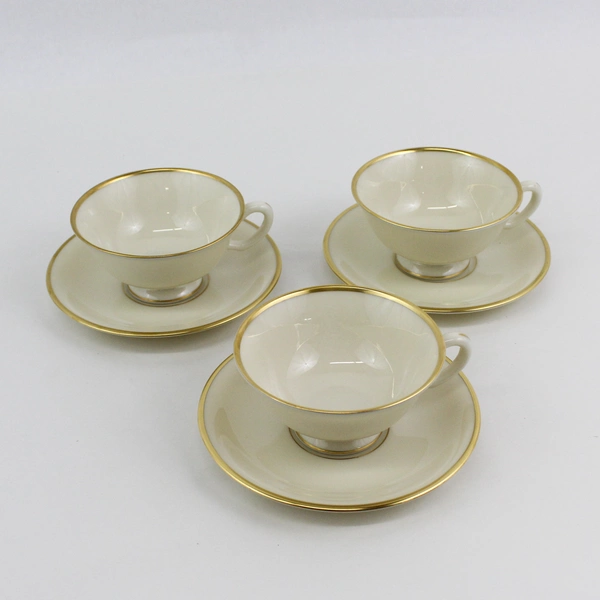 Lot Of 6 Lenox Mansfield Pattern 3 Tea Cups & 3 Saucers China Cream & Gold Trim