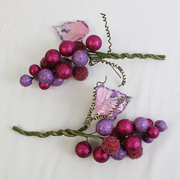 Lot of 2 Clusters of Glitter-Coated Berry Stems Purple and Red 10" Tall  
