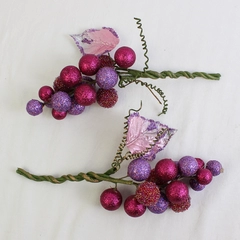 Lot of 2 Clusters of Glitter-Coated Berry Stems Purple and Red 10" Tall  