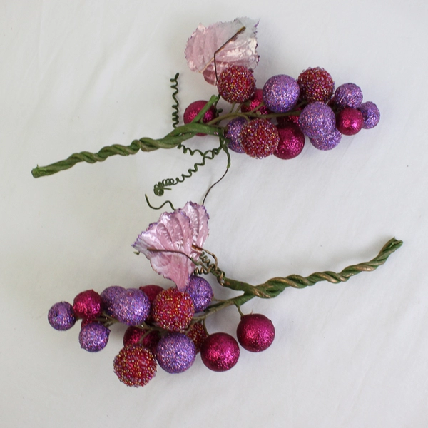 Lot of 2 Clusters of Glitter-Coated Berry Stems Purple and Red 10" Tall  