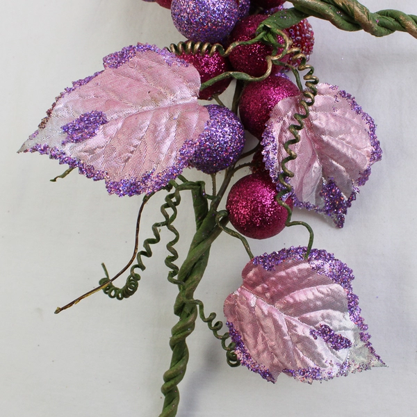 Lot of 2 Clusters of Glitter-Coated Berry Stems Purple and Red 10" Tall  