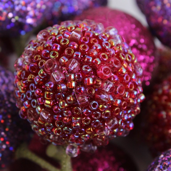 Lot of 2 Clusters of Glitter-Coated Berry Stems Purple and Red 10" Tall  