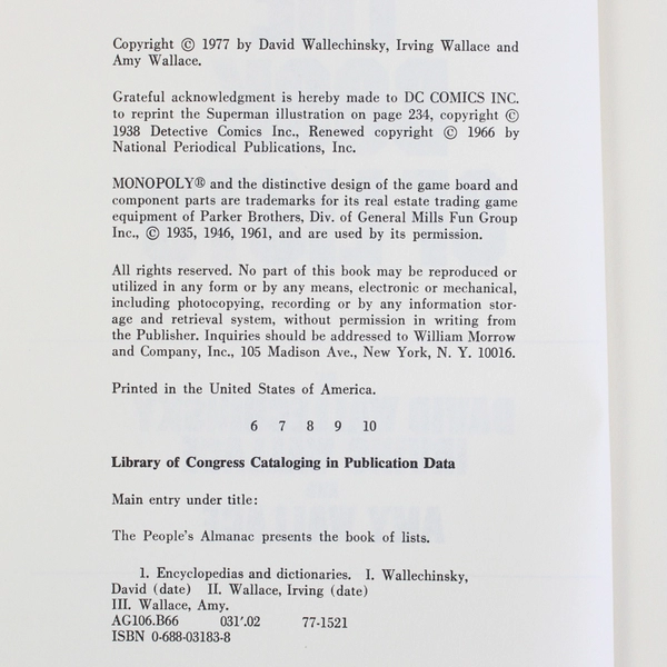 The People's Almanac Presents The Book of Lists 1977 Hardcover Dust Jacket