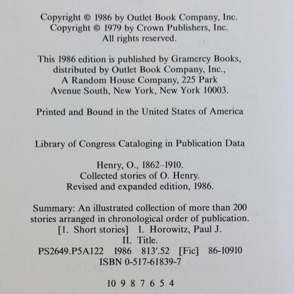 Collected Stories Of O. Henry Edited by Paul J Horowitz 1986 Hardcover DJ