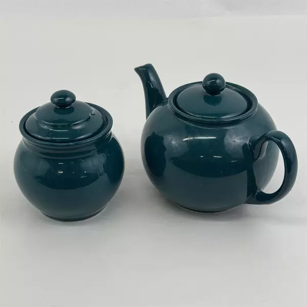 Lot of 2 Staffordshire Matching Tea Pot & Sugar Bowl Dark Teal
