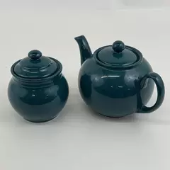 Lot of 2 Staffordshire Matching Tea Pot & Sugar Bowl Dark Teal