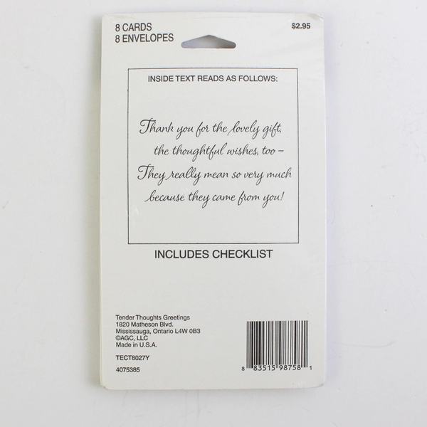 Tender Thoughts Thank You Note Cards Set of 8 w/Envelopes, New