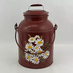 VTG Hand Painted 12 Quart Dairy Farm Metal Milk Can Brown Daisy Pattern Signed