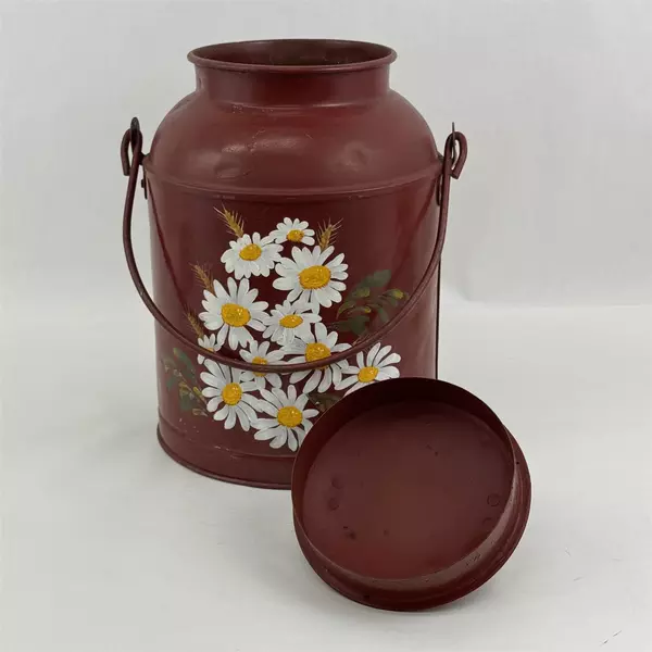 VTG Hand Painted 12 Quart Dairy Farm Metal Milk Can Brown Daisy Pattern Signed