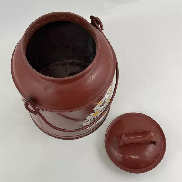 VTG Hand Painted 12 Quart Dairy Farm Metal Milk Can Brown Daisy Pattern Signed