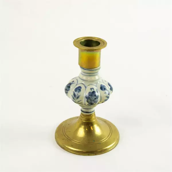 Vintage Jehvani Brass & Delft Blue White Porcelain Taper Candle Holder 