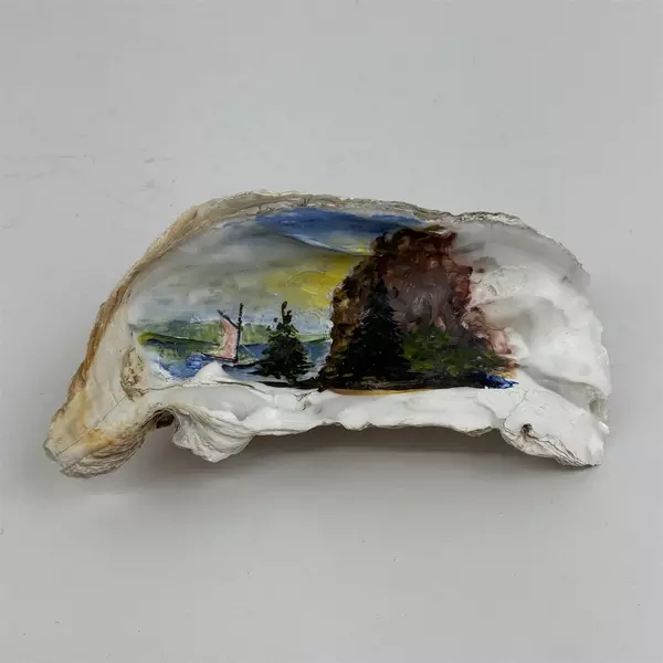 Hand Painted Oyster Shell 7" Wide Sailboat Scene